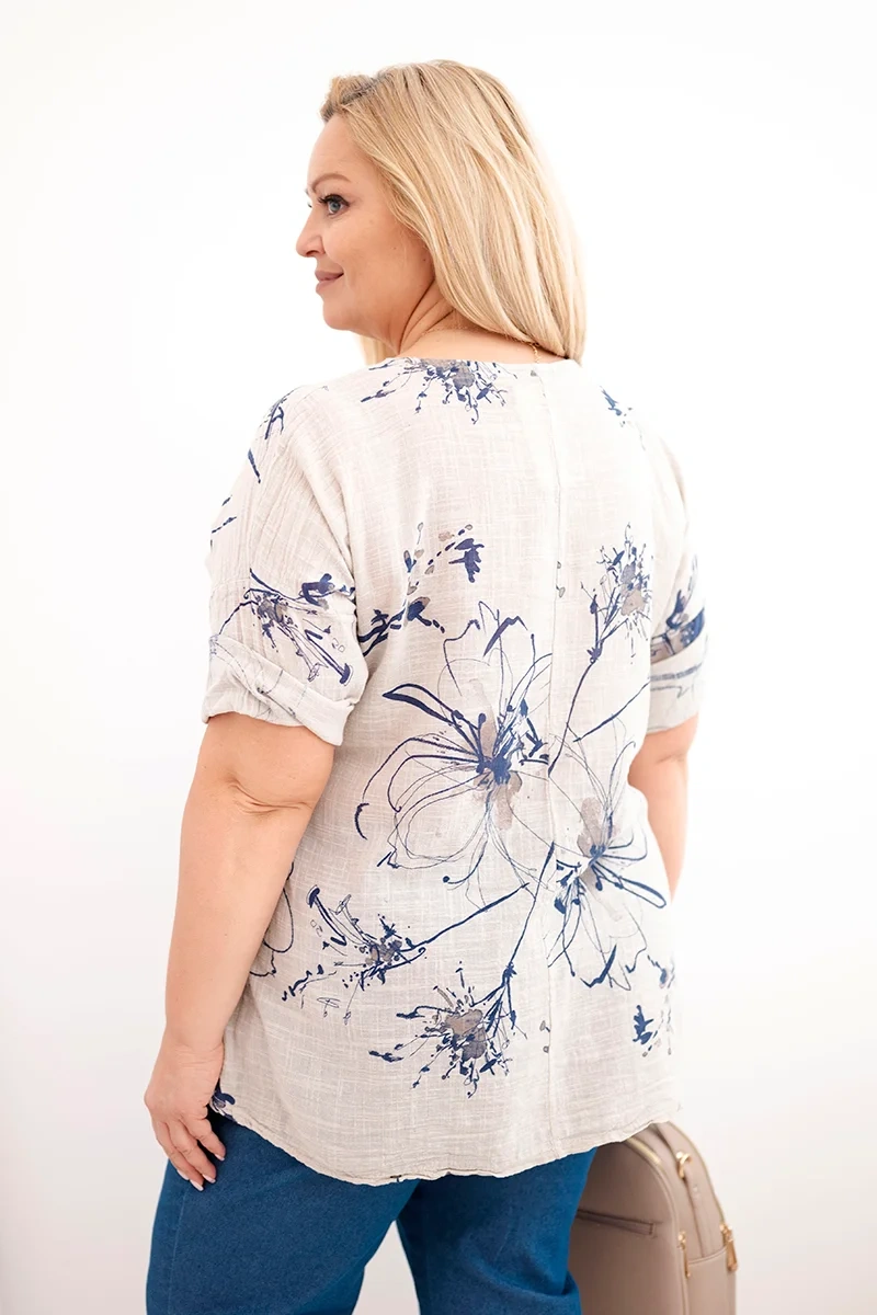 Bluzka damska bawełniana Plus Size z krótkim rękawem i kieszenią beżowa - obrazek 3