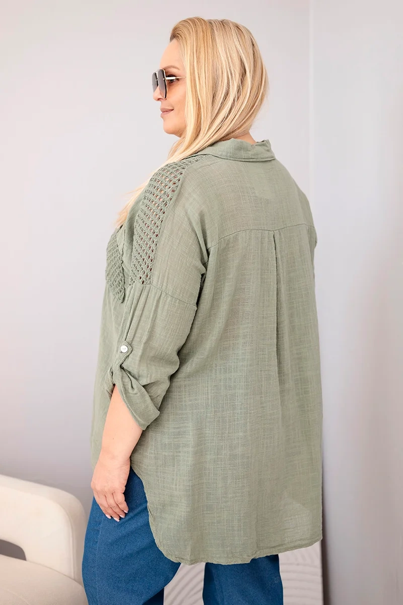 Koszula damska bawełniana Plus Size z kołnierzykiem i koronkową wstawką khaki - obrazek 3