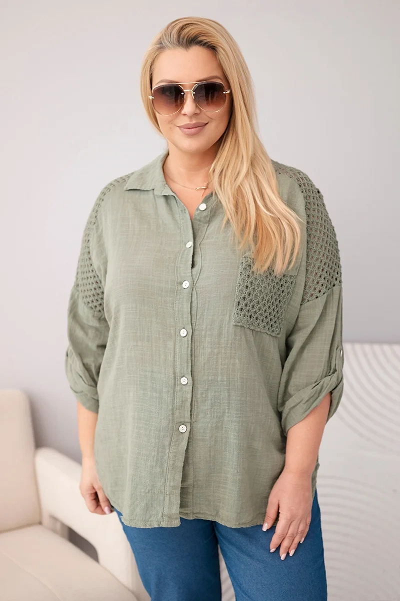 Koszula damska bawełniana Plus Size z kołnierzykiem i koronkową wstawką khaki