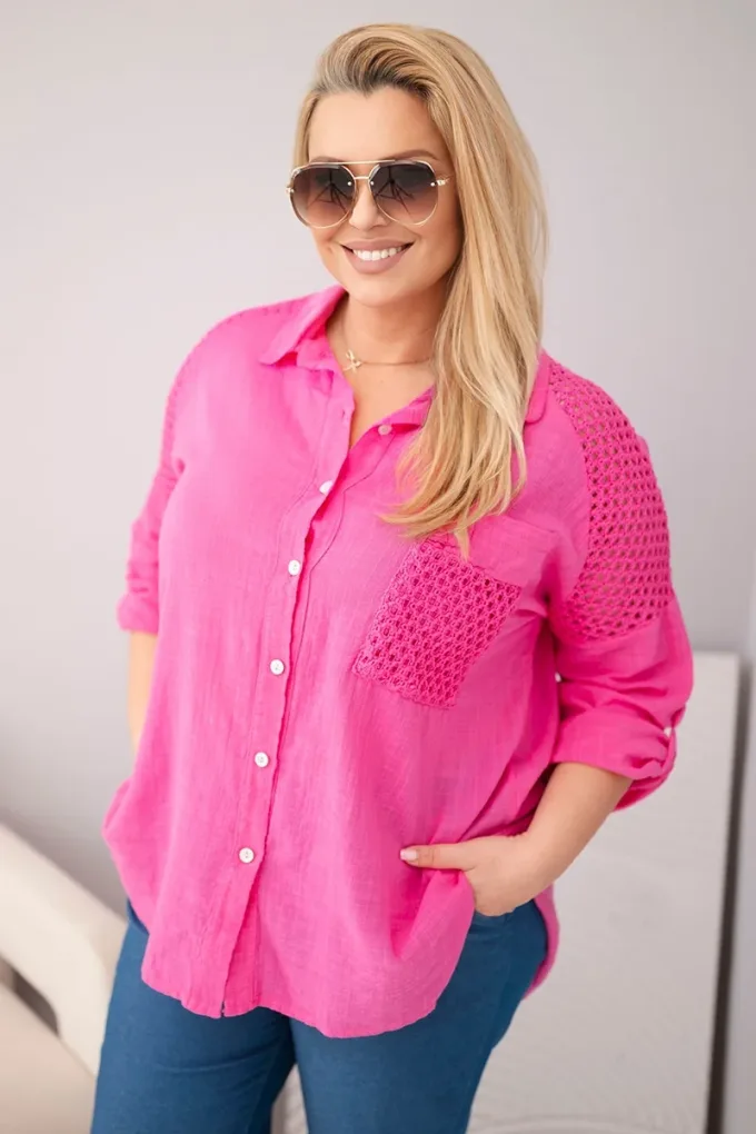 Koszula damska bawełniana Plus Size z kołnierzykiem i koronkową wstawką różowa