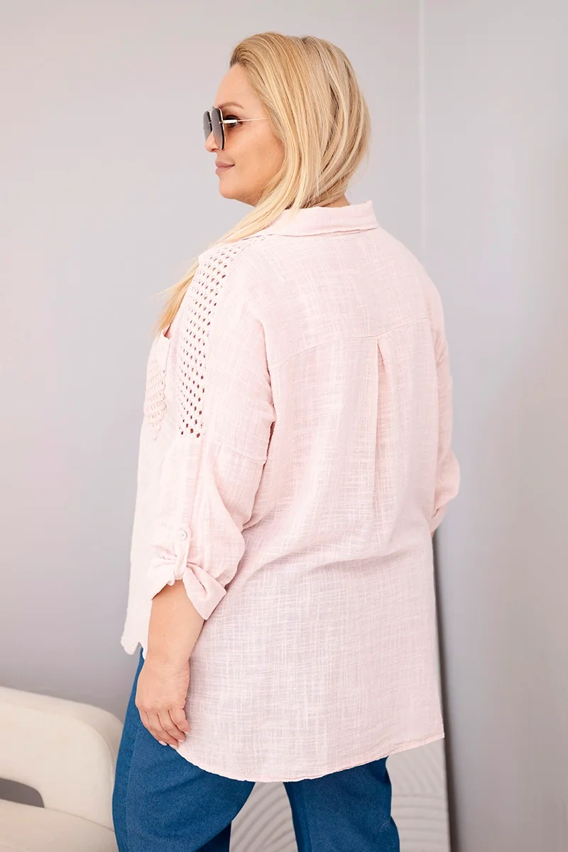 Koszula damska bawełniana Plus Size z kołnierzykiem i koronkową wstawką ciemny pudrowy róż - obrazek 3