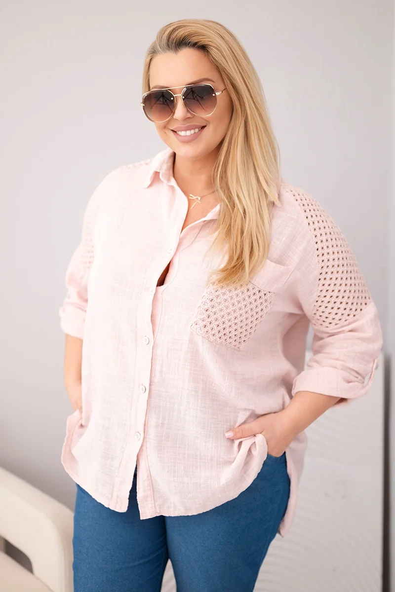 Koszula damska bawełniana Plus Size z kołnierzykiem i koronkową wstawką ciemny pudrowy róż