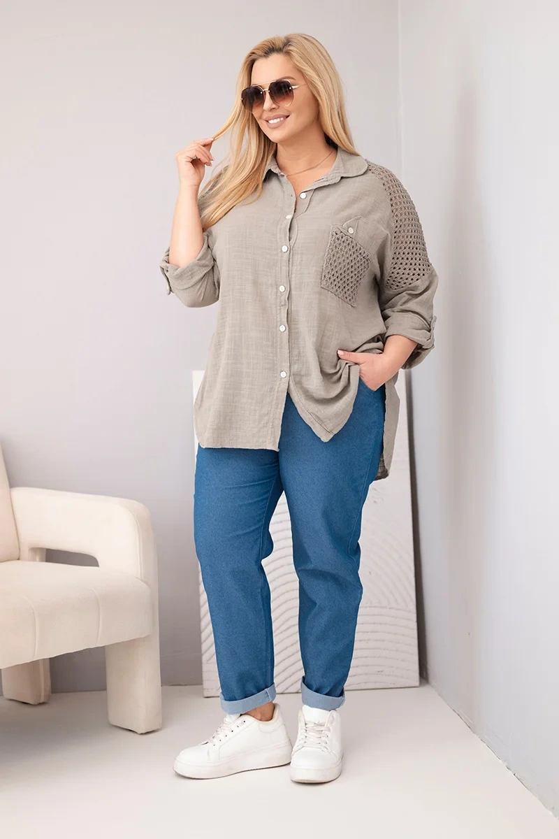 Koszula damska bawełniana Plus Size z kołnierzykiem i koronkową wstawką fango - obrazek 2