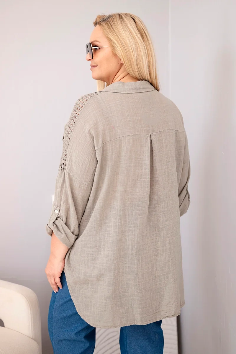 Koszula damska bawełniana Plus Size z kołnierzykiem i koronkową wstawką fango - obrazek 3