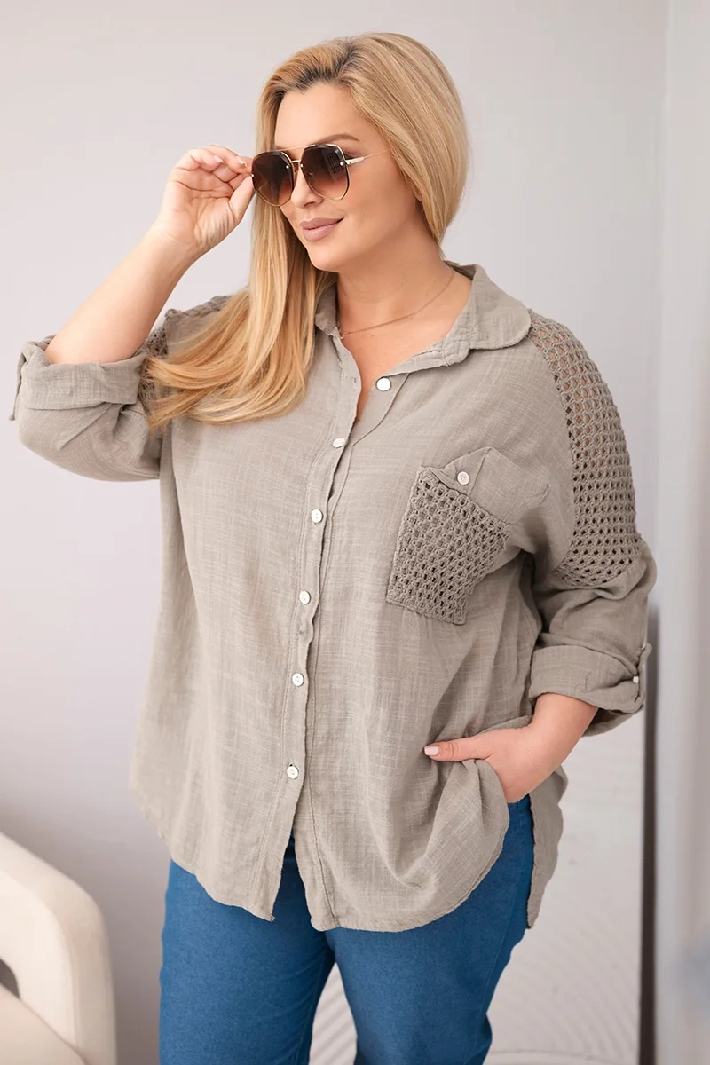 Koszula damska bawełniana Plus Size z kołnierzykiem i koronkową wstawką fango