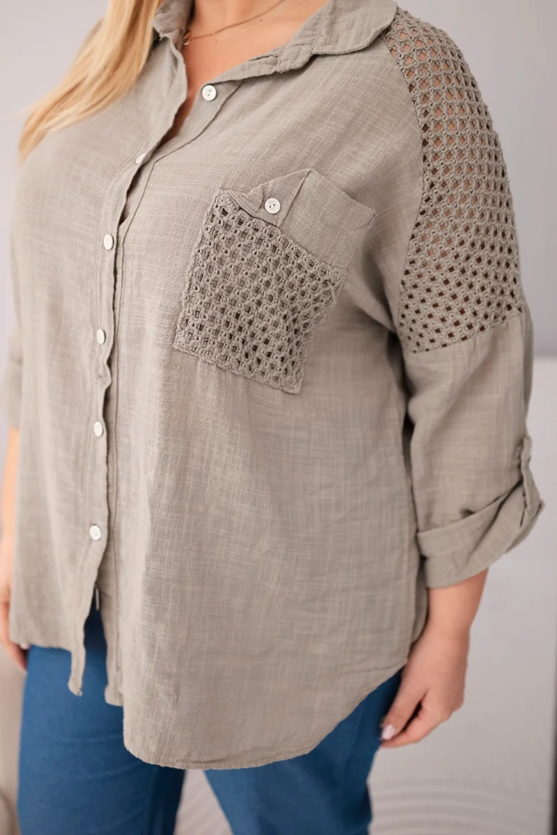 Koszula damska bawełniana Plus Size z kołnierzykiem i koronkową wstawką fango - obrazek 4