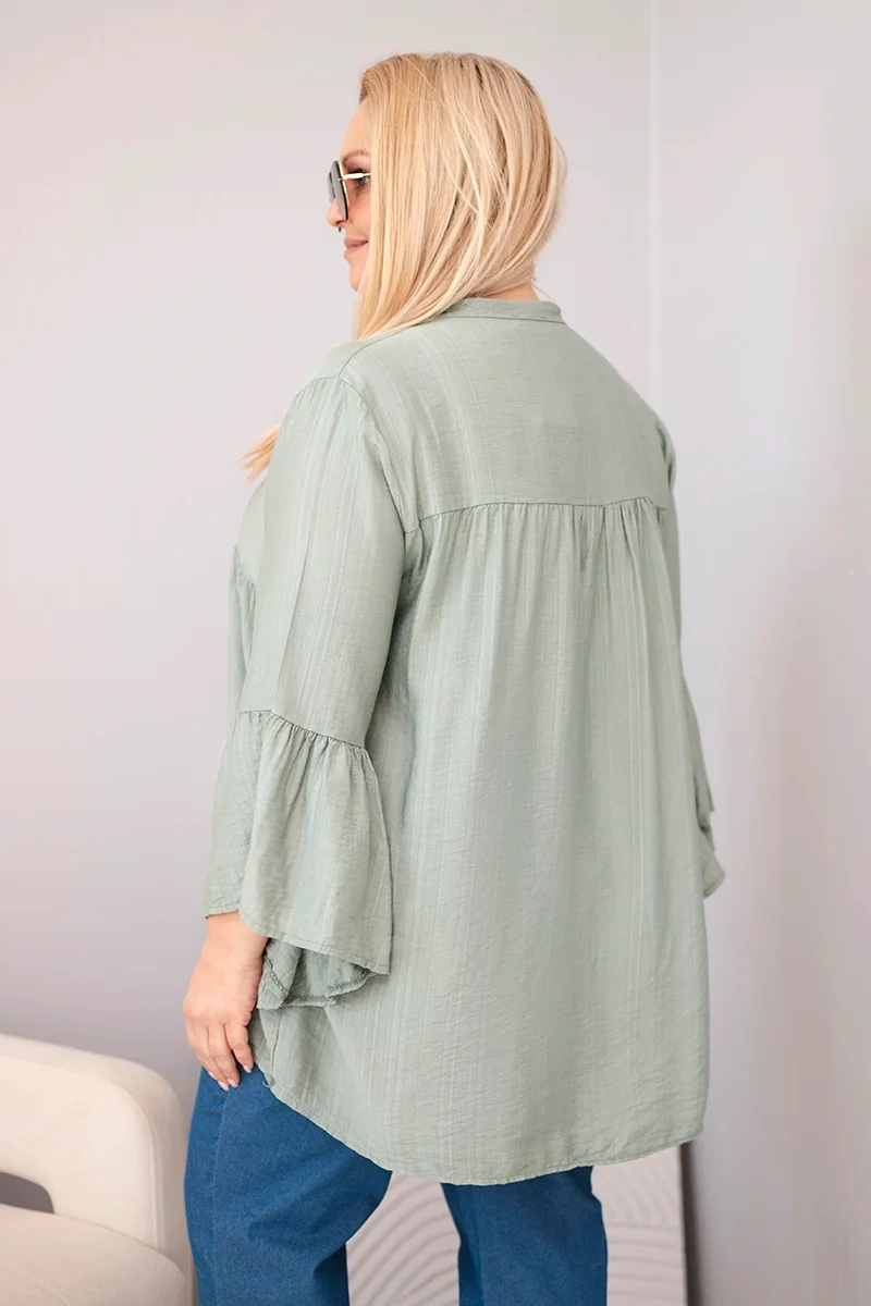 Bluzka damska wiskozowa Plus Size z falbaniastym rękawem i dekoltem V khaki - obrazek 3