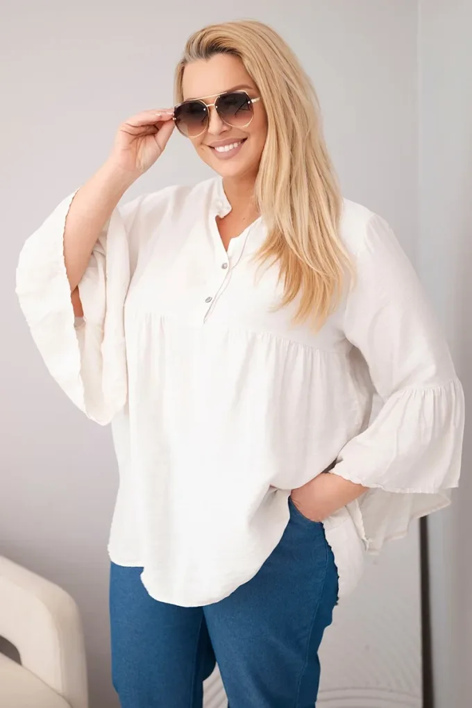 Bluzka damska wiskozowa Plus Size z falbaniastym rękawem i dekoltem V beżowa