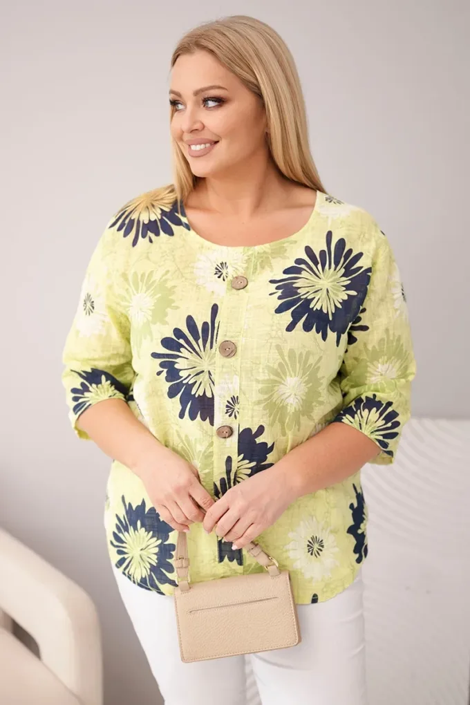 Bluzka damska bawełniana Plus Size z krótkim rękawem i guzikami jasno zielona
