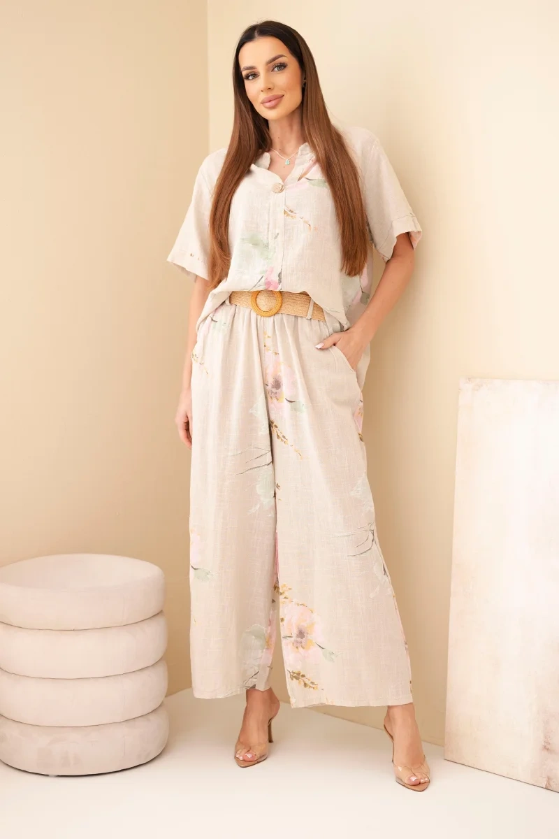 Komplet damski bawełniany z krótkim rękawem i szeroką nogawką beżowy - obrazek 2