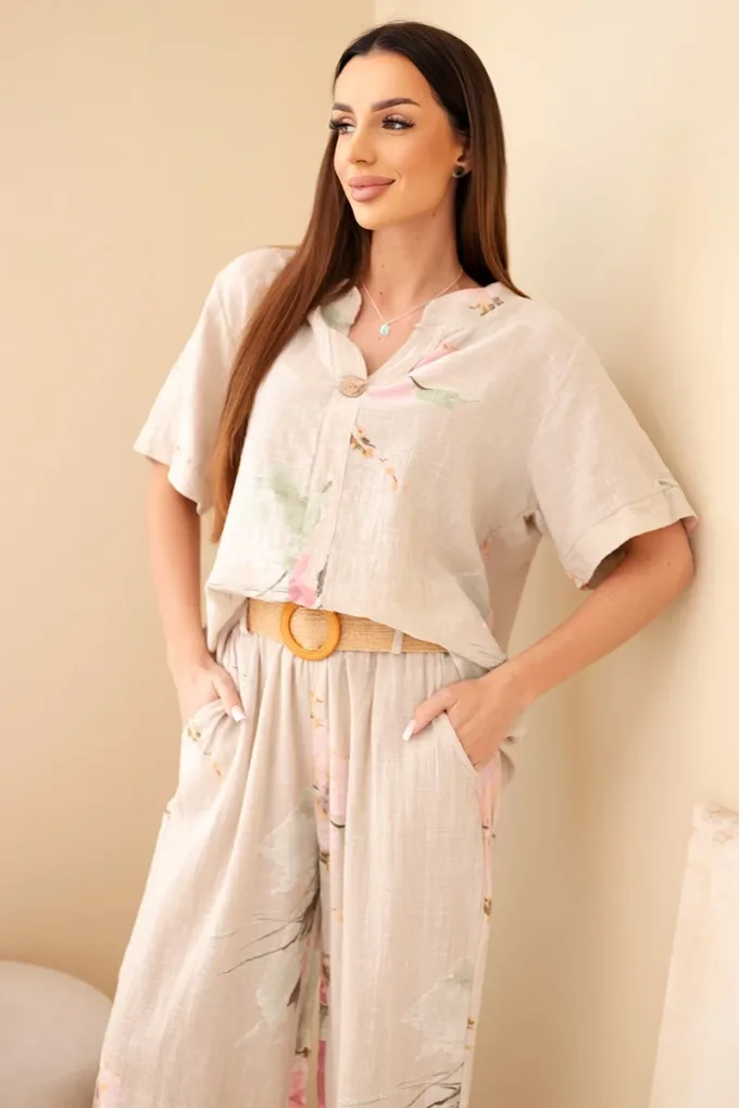 Komplet damski bawełniany z krótkim rękawem i szeroką nogawką beżowy