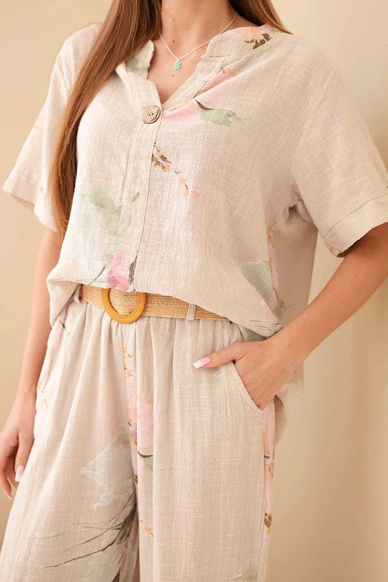 Komplet damski bawełniany z krótkim rękawem i szeroką nogawką beżowy - obrazek 4