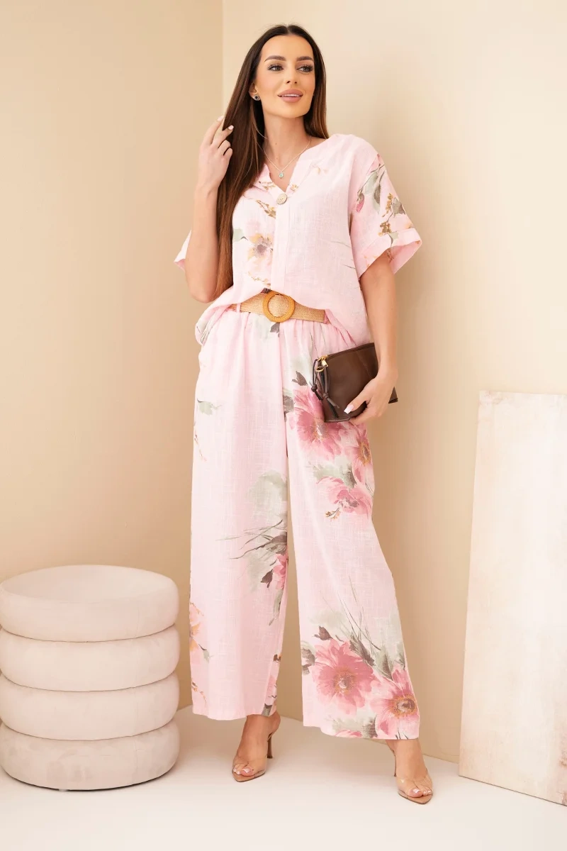 Komplet damski bawełniany z krótkim rękawem i szeroką nogawką cukierkowy róż - obrazek 2