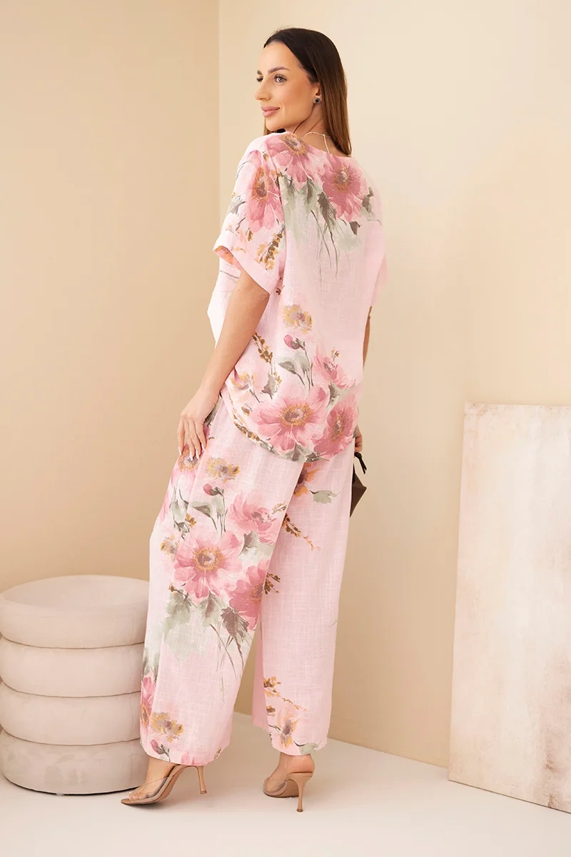 Komplet damski bawełniany z krótkim rękawem i szeroką nogawką cukierkowy róż - obrazek 3