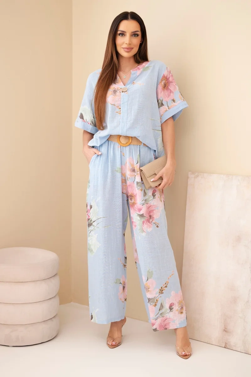 Komplet damski bawełniany z krótkim rękawem i szeroką nogawką niebieski - obrazek 2