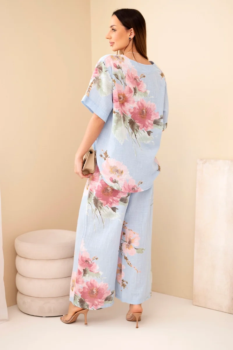 Komplet damski bawełniany z krótkim rękawem i szeroką nogawką niebieski - obrazek 3