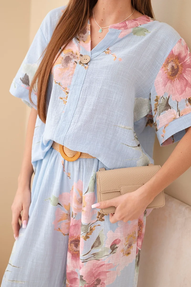 Komplet damski bawełniany z krótkim rękawem i szeroką nogawką niebieski - obrazek 4