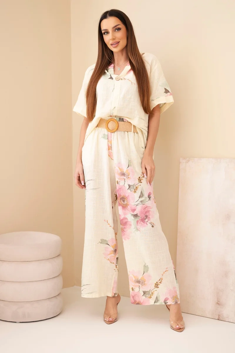 Komplet damski bawełniany z krótkim rękawem i szeroką nogawką żółty - obrazek 2