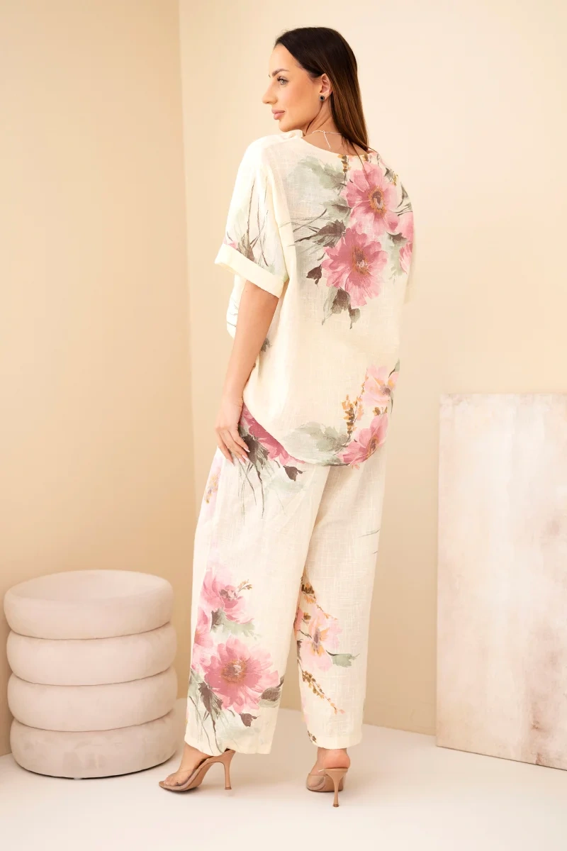 Komplet damski bawełniany z krótkim rękawem i szeroką nogawką żółty - obrazek 3