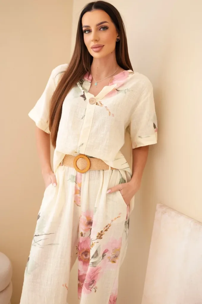 Komplet damski bawełniany z krótkim rękawem i szeroką nogawką żółty