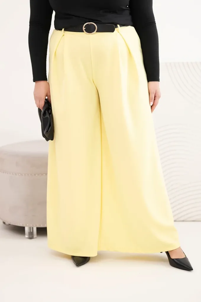Spodnie damskie Plus Size z szeroką nogawką i paskiem żółte