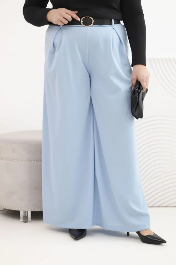 Spodnie damskie Plus Size z szeroką nogawką i paskiem niebieskie