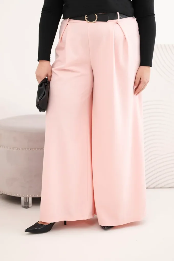 Spodnie damskie Plus Size z szeroką nogawką i paskiem pudrowy róż
