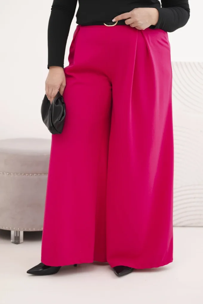 Spodnie damskie Plus Size z szeroką nogawką i paskiem fuksja