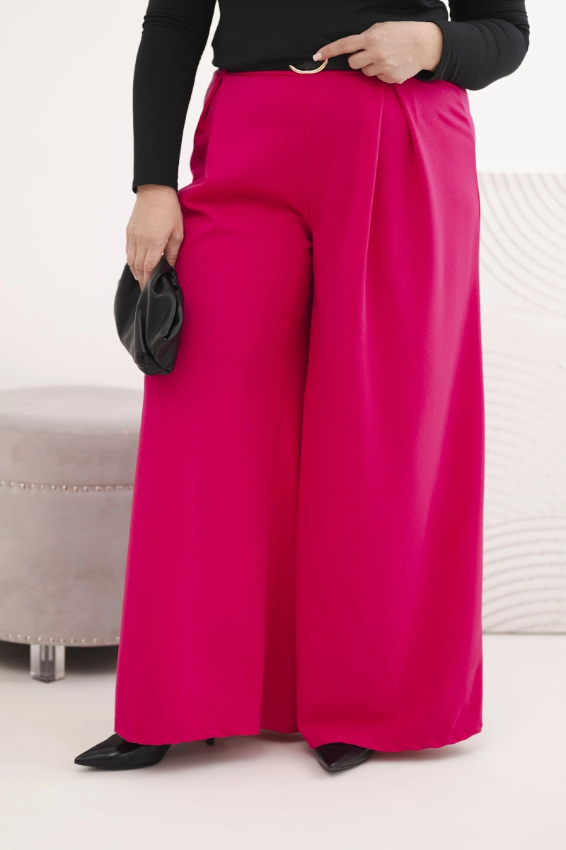 Spodnie damskie Plus Size z szeroką nogawką i paskiem fuksja