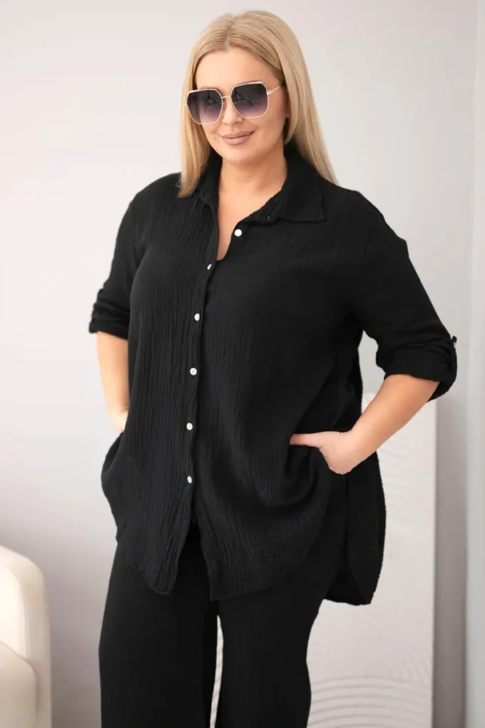 Komplet damski muślinowy Plus Size z koszulą zapinaną na guziki i spodniami z szeroką nogawką czarny