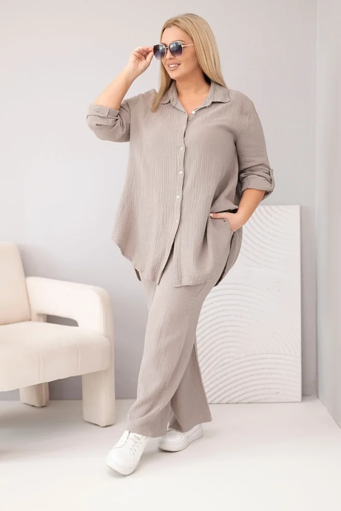 Komplet damski muślinowy Plus Size z koszulą zapinaną na guziki i spodniami z szeroką nogawką fango