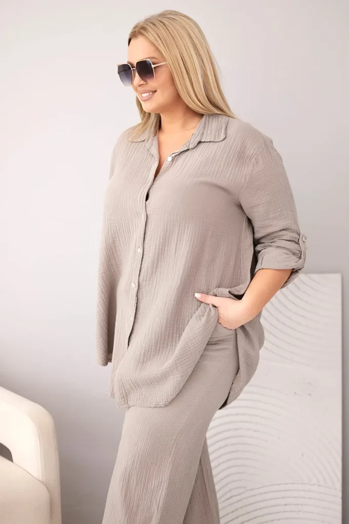 Komplet damski muślinowy Plus Size z koszulą zapinaną na guziki i spodniami z szeroką nogawką fango