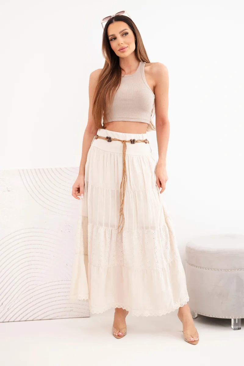 Spódnica damska maxi bawełniana z ażurowym haftem i elastycznym pasem beżowa - obrazek 2