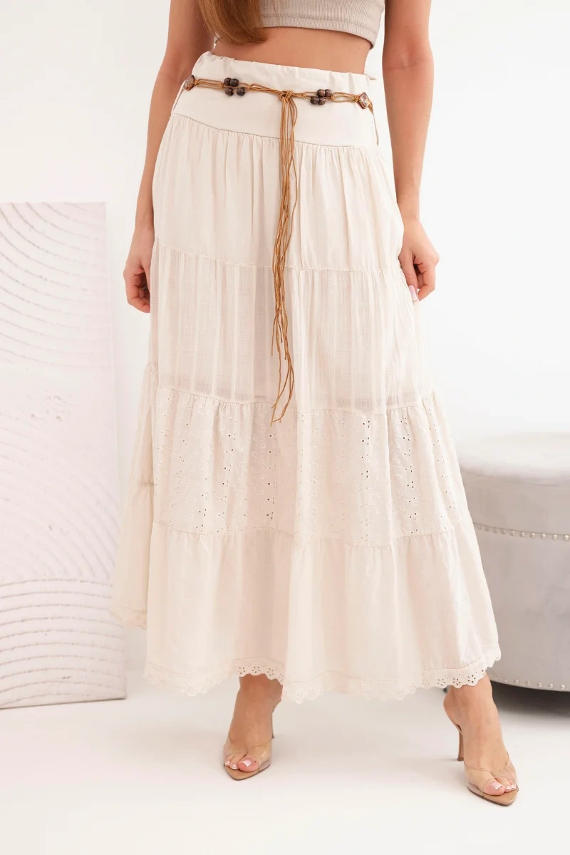 Spódnica damska maxi bawełniana z ażurowym haftem i elastycznym pasem beżowa