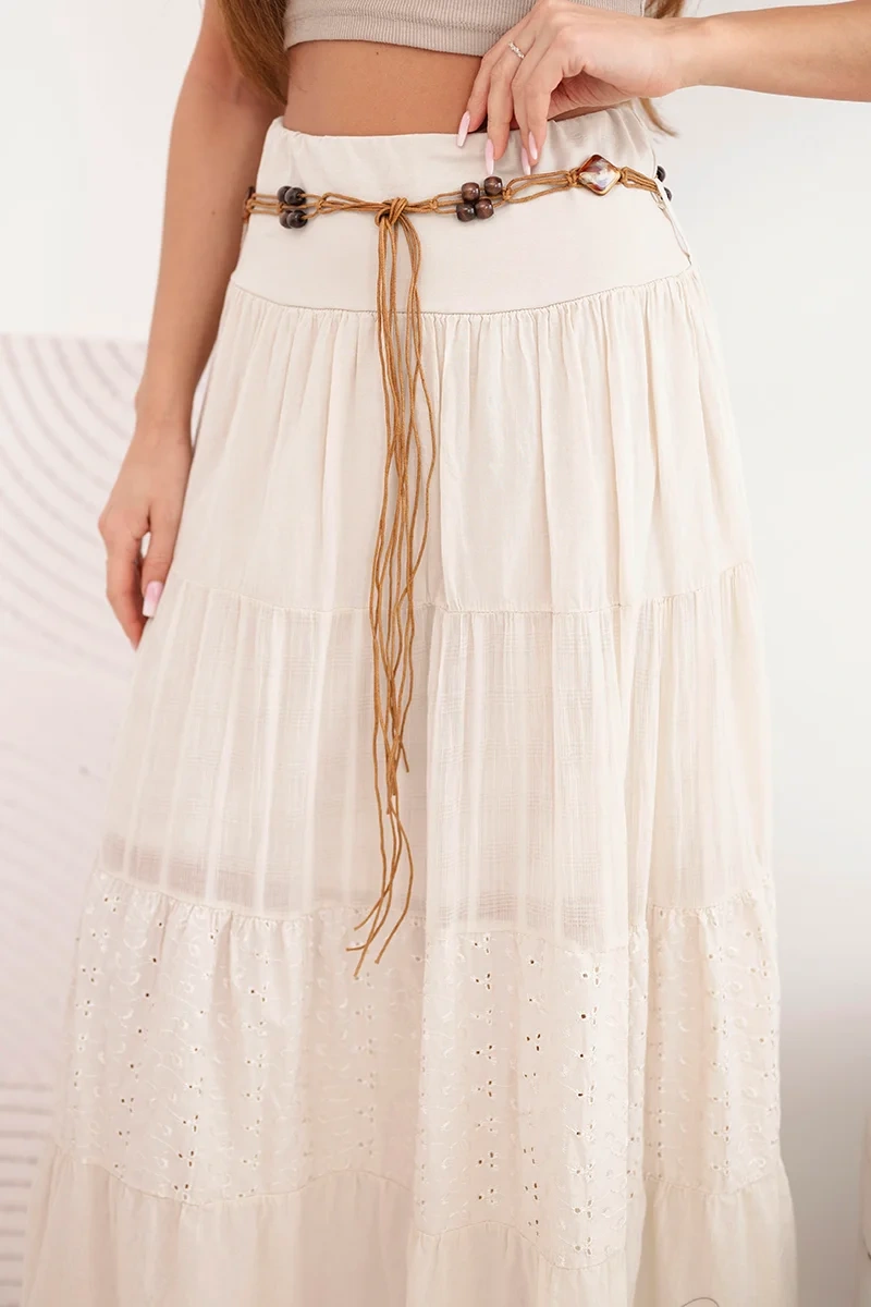 Spódnica damska maxi bawełniana z ażurowym haftem i elastycznym pasem beżowa - obrazek 4
