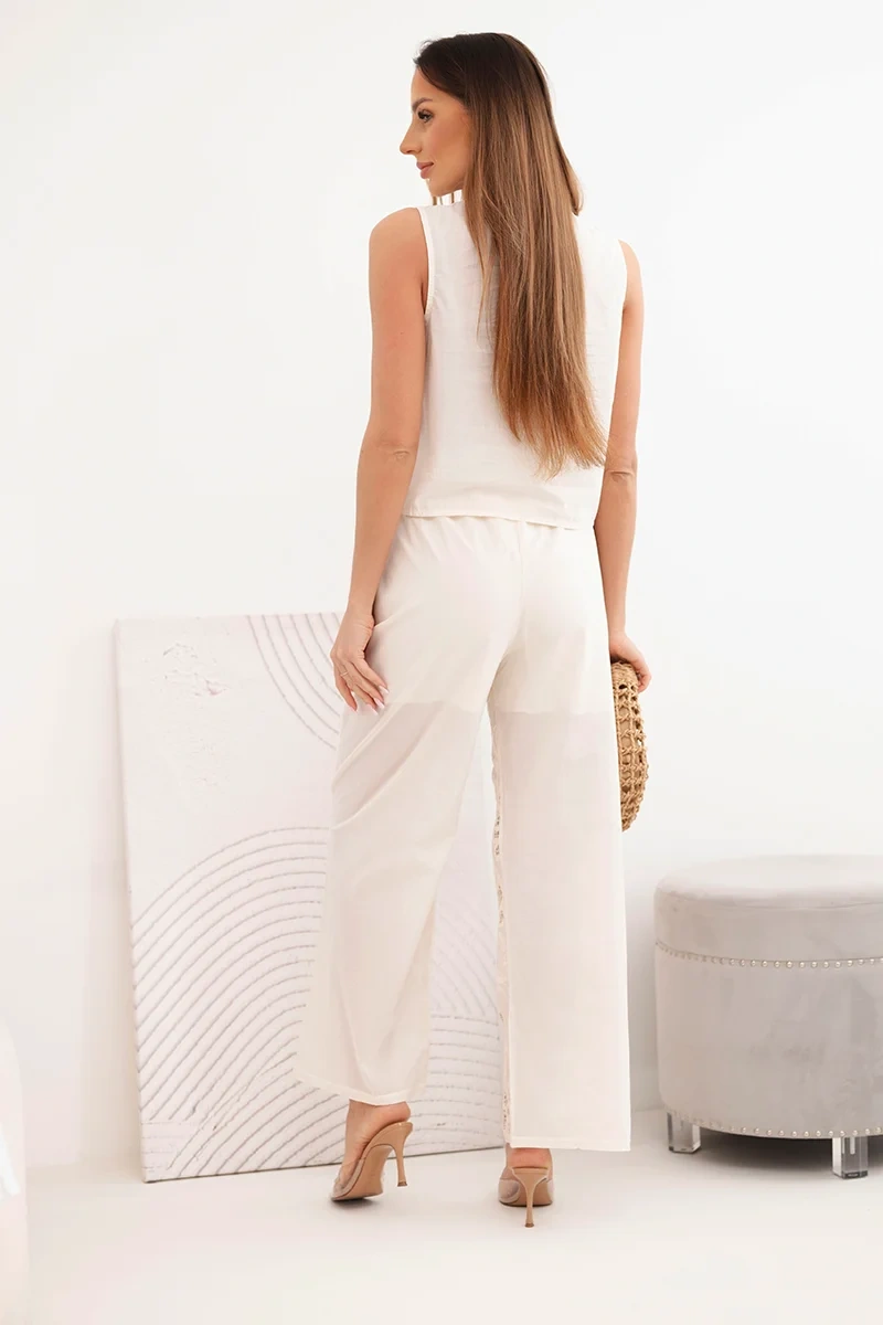 Komplet damski bawełniany z haftowaną kamizelką i spodniami beżowy - obrazek 5