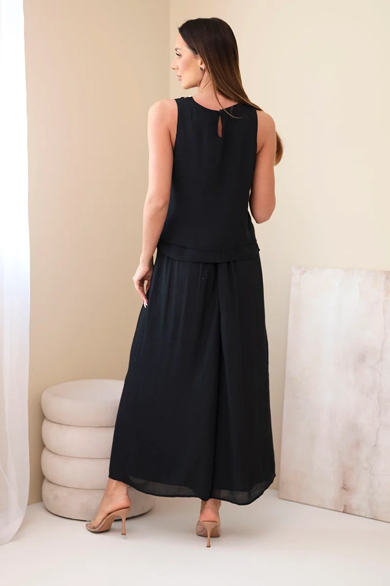 Komplet damski z wiskozą z topem bez rękawów i spodniami szeroka nogawka z ozdobnym wykończeniem czarny - obrazek 3