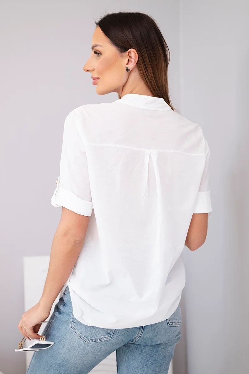 Bluzka damska koszulowa bawełniana z krótkim rękawem i kieszonką biała - obrazek 3