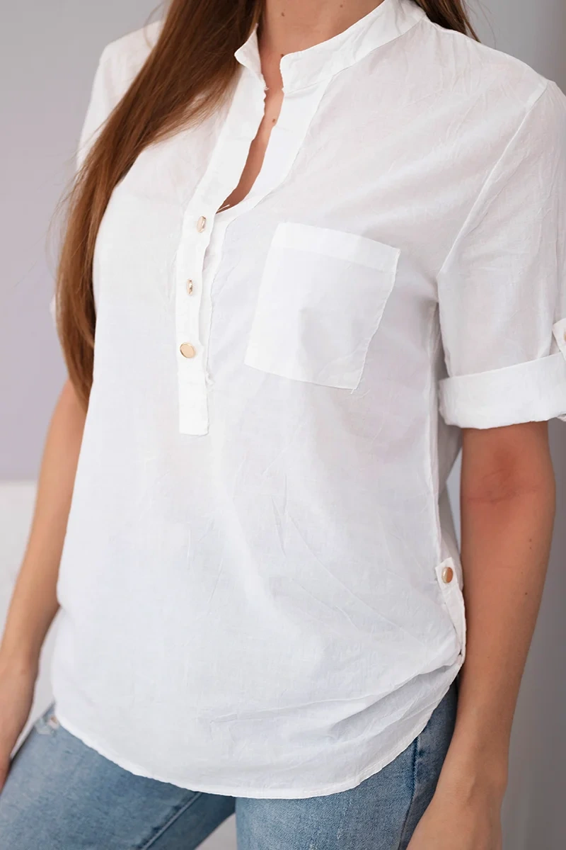 Bluzka damska koszulowa bawełniana z krótkim rękawem i kieszonką biała - obrazek 4