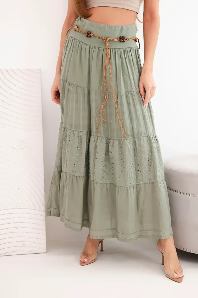 Spódnica damska maxi bawełniana z ażurowym haftem i elastycznym pasem khaki