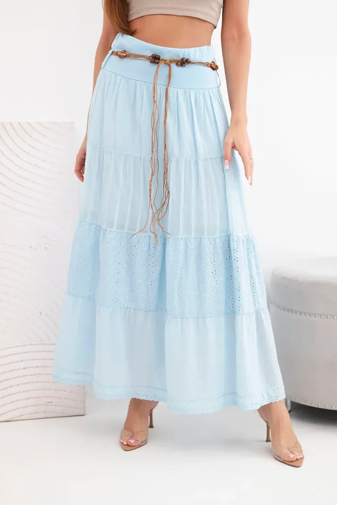 Spódnica damska maxi bawełniana z ażurowym haftem i elastycznym pasem niebieska