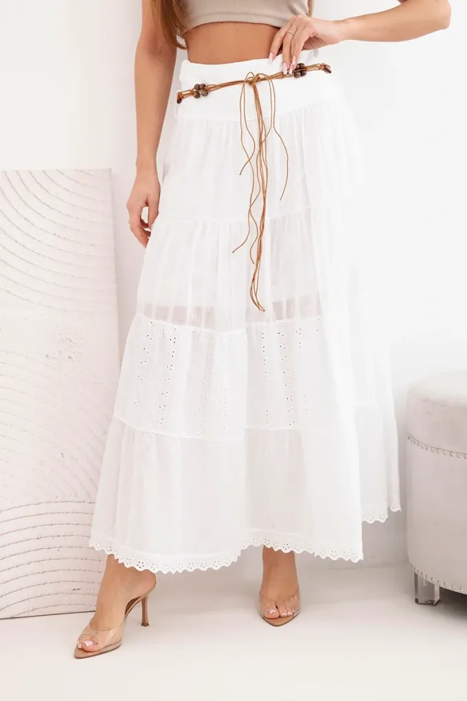 Spódnica damska maxi bawełniana z ażurowym haftem i elastycznym pasem biała