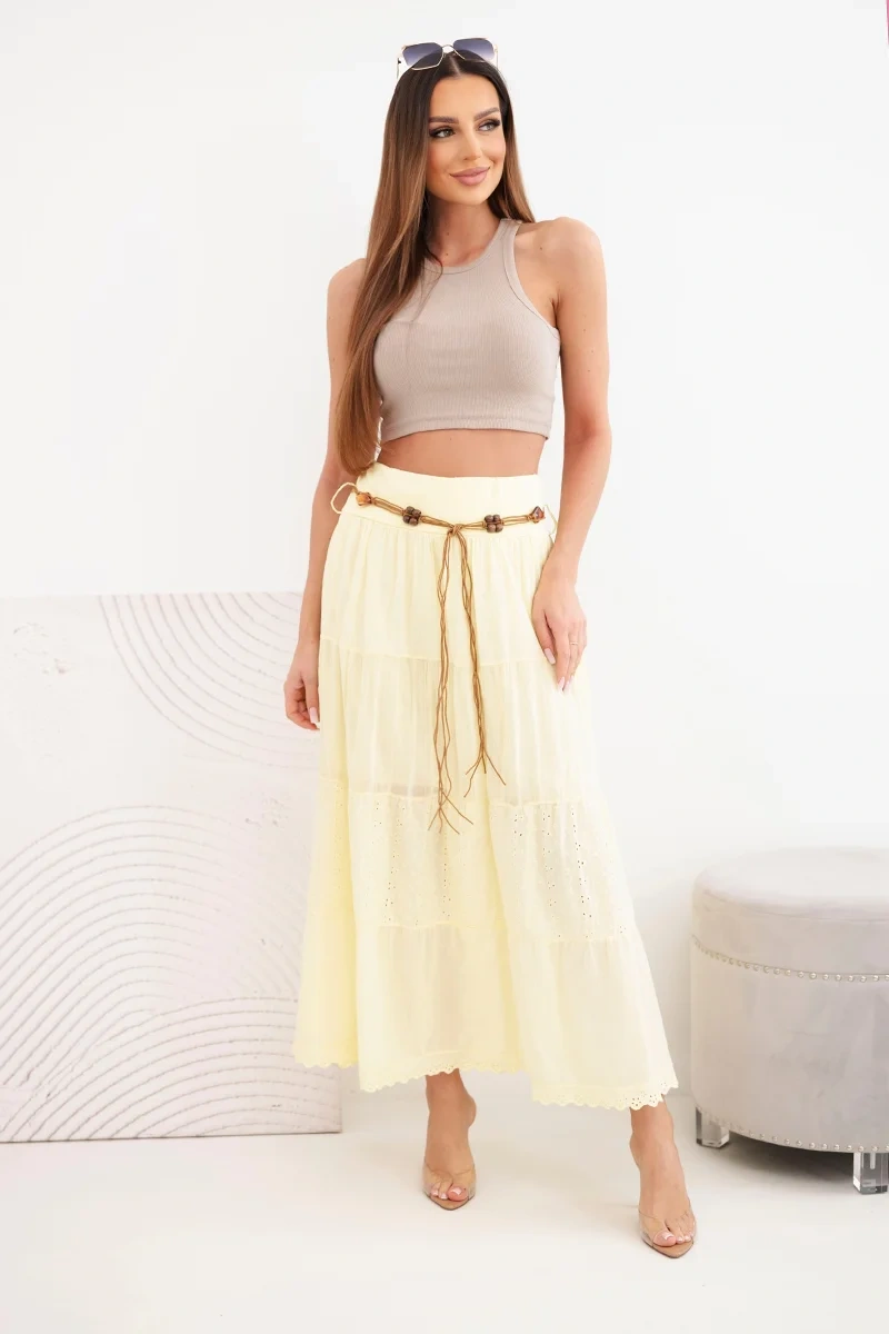 Spódnica damska maxi bawełniana z ażurowym haftem i elastycznym pasem żółta - obrazek 2