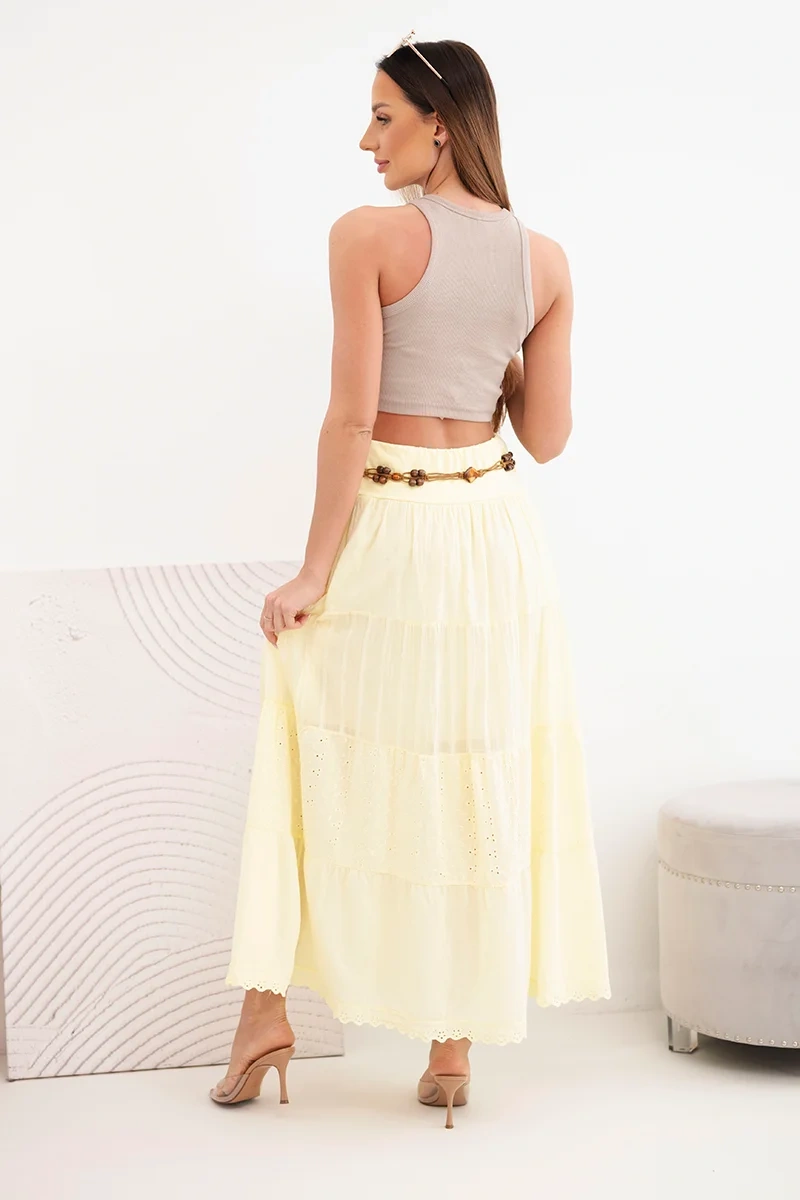 Spódnica damska maxi bawełniana z ażurowym haftem i elastycznym pasem żółta - obrazek 3