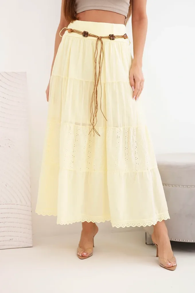 Spódnica damska maxi bawełniana z ażurowym haftem i elastycznym pasem żółta
