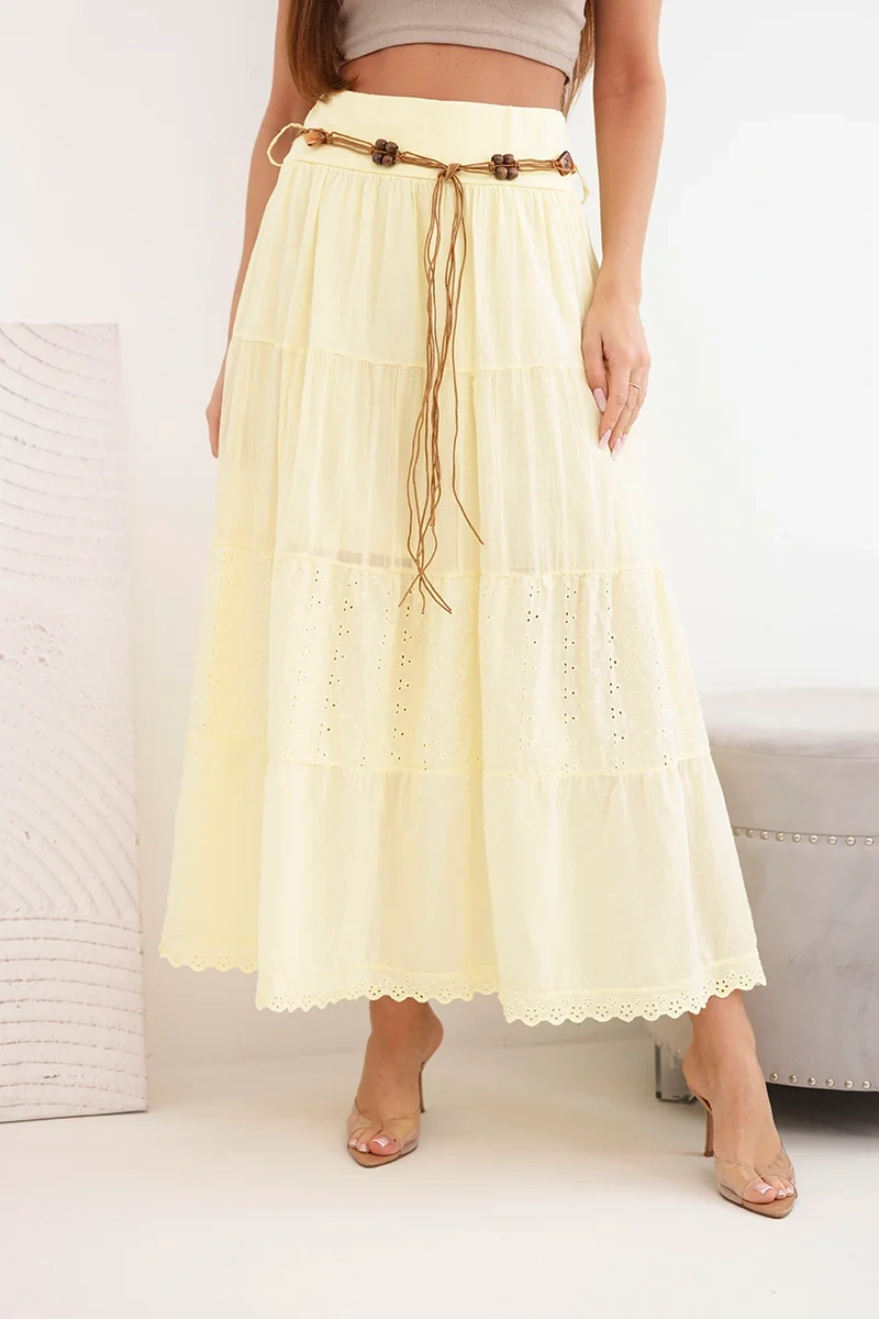 Spódnica damska maxi bawełniana z ażurowym haftem i elastycznym pasem żółta