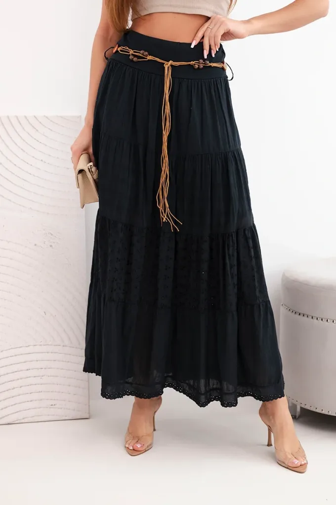 Spódnica damska maxi bawełniana z ażurowym haftem i elastycznym pasem czarna