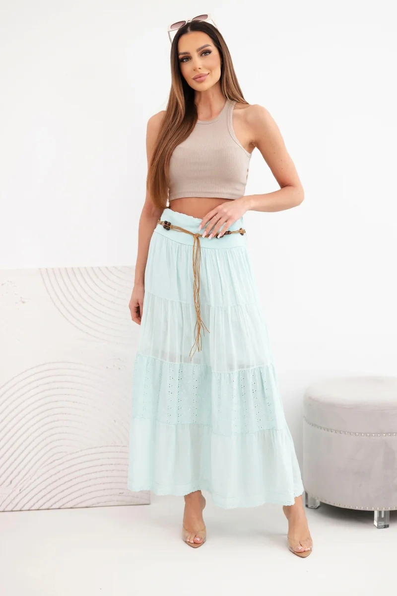 Spódnica damska maxi bawełniana z ażurowym haftem i elastycznym pasem miętowa - obrazek 2