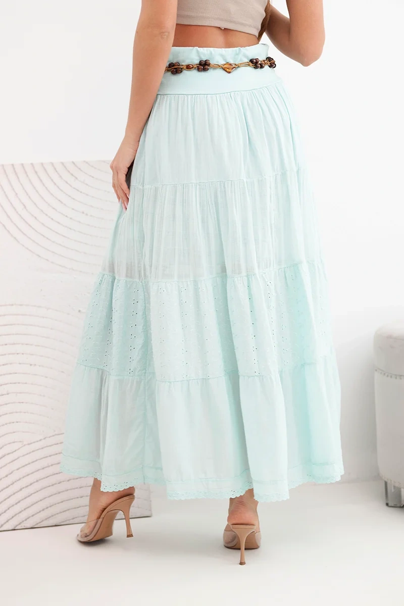 Spódnica damska maxi bawełniana z ażurowym haftem i elastycznym pasem miętowa - obrazek 3