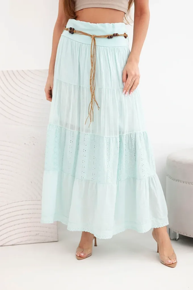 Spódnica damska maxi bawełniana z ażurowym haftem i elastycznym pasem miętowa